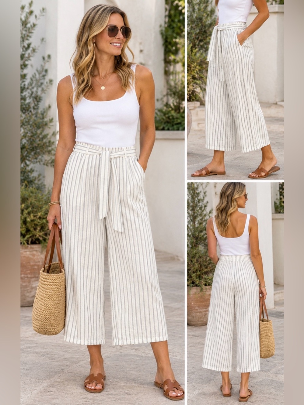 Adrianna Papell Striped Wide Leg Crop Pants Sz L
